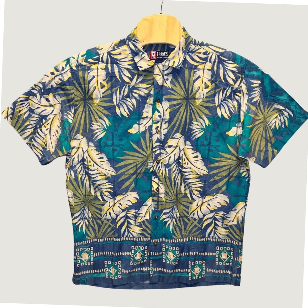 1985 | Chaps Ralph Lauren Tropical Palm Floral Hawaiian Shirt Blue Men Large